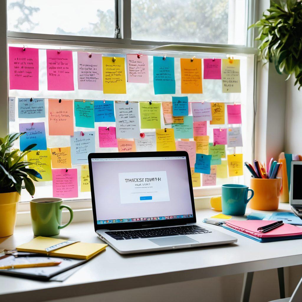 A vibrant and dynamic workspace featuring an open laptop with a blog post on the screen, surrounded by colorful stationery, inspirational quotes on sticky notes, a coffee cup, and a vision board with success strategies. Light streaming through a window, symbolizing growth and inspiration. super-realistic. vibrant colors. white background.
