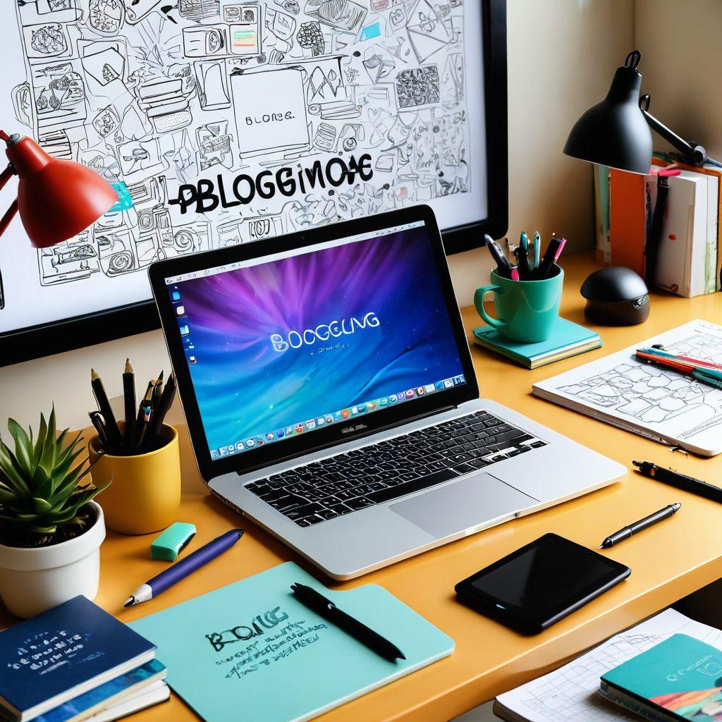 A dynamic workspace featuring an array of essential blogging tools: a laptop displaying a colorful blog interface, a tablet showcasing digital art, scattered notebooks with creative sketches, and ergonomic accessories like a stylish pen and keyboard. The background brims with motivational quotes and vibrant colors that inspire creativity, with soft natural light illuminating the scene. super-realistic. vibrant colors. cozy atmosphere.