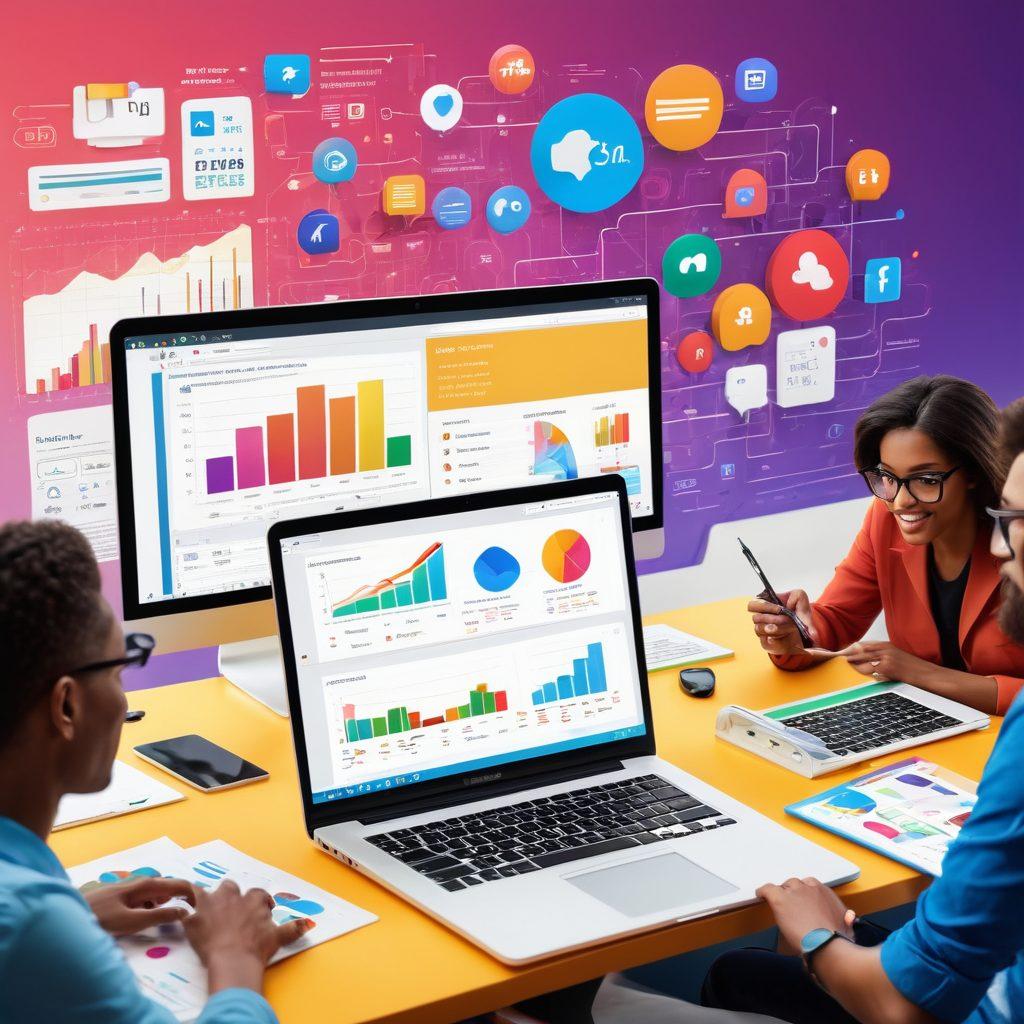 A visually engaging representation of a digital workspace, featuring a diverse group of bloggers collaborating on laptops with vibrant charts and graphs showing growth in online engagement metrics. The background includes dynamic social media icons and colorful content management tools. Bright, motivating colors evoke a sense of productivity and creativity. super-realistic. vibrant colors. 3D.
